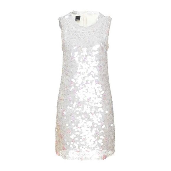 PINKO Ivory Iridescent Sequin Sleeveless Mini Shift Dress Size 6 $784 Cocktail - Picture 3 of 16